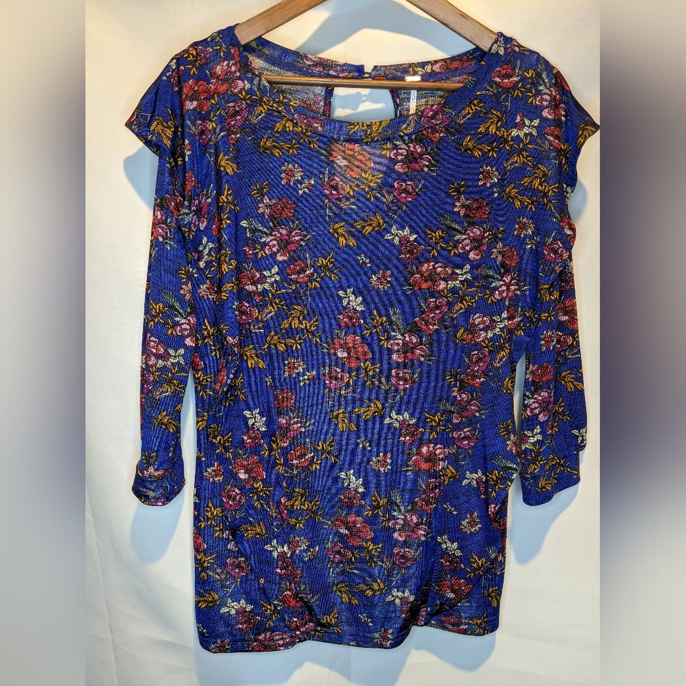Free People Blue Floral Print Top With Ruffles Women's Size Medium